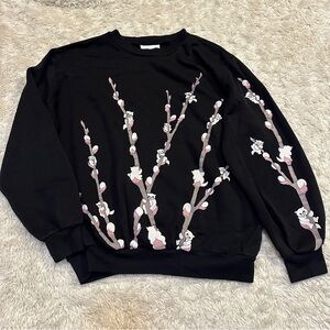 Vintage SPUMONI Crewneck Sweatshirt Cats Cherry Blossom Kittens 80s Black Pink